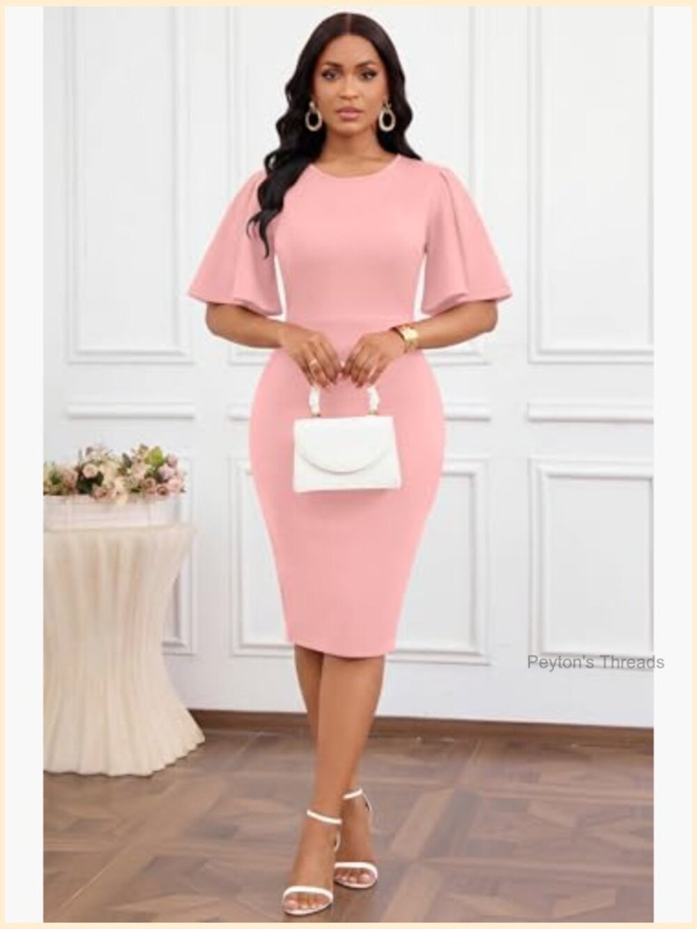 Bodycon Midi Dress with Flared Short Sleeves for Work Wedding Guest Business - Picture 2 of 7
